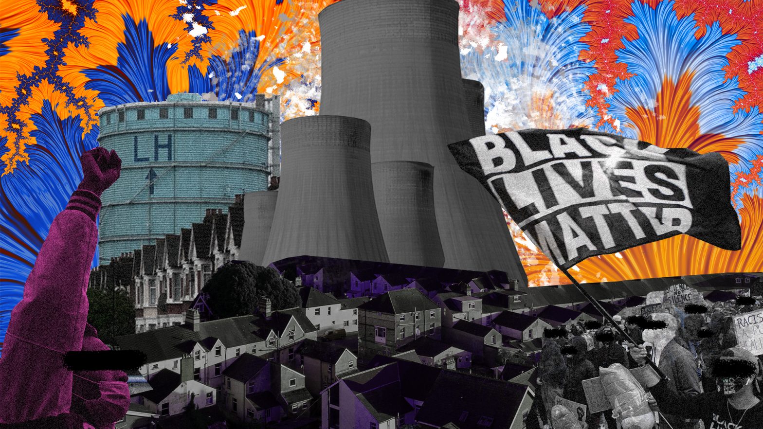 Collage including images of coal plant cooling towers and gas plants rising over streets of houses, and figures at a protest with a large flag reading "Black Lives Matter", all set against a colourful patterned background.