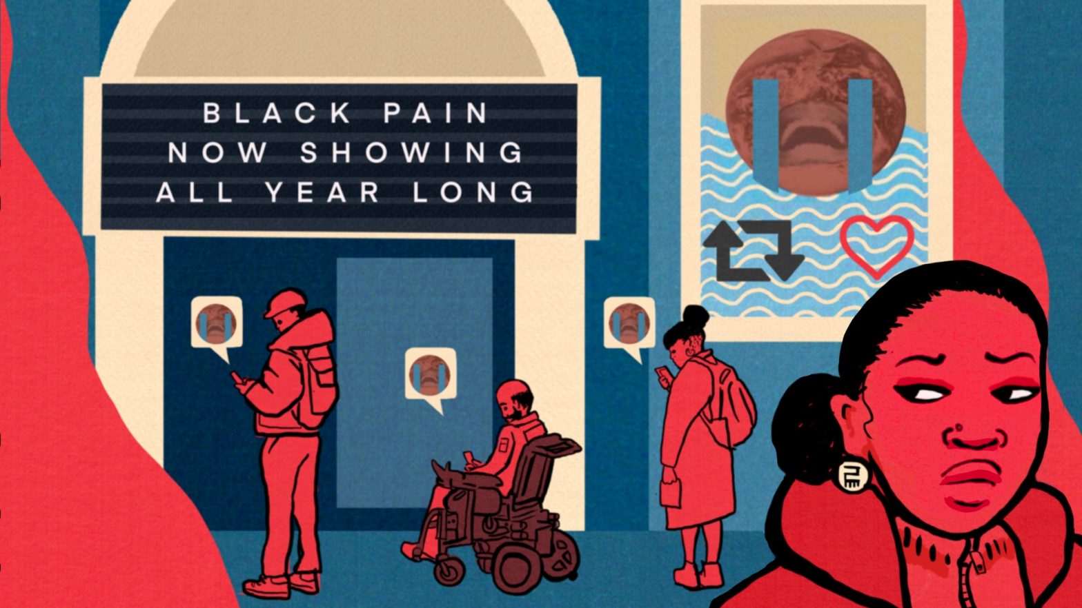 Image of a woman in the right hand foreground side-eyeing a sign outside a cinema that reads "Black Pain Now Showing All Year Long"