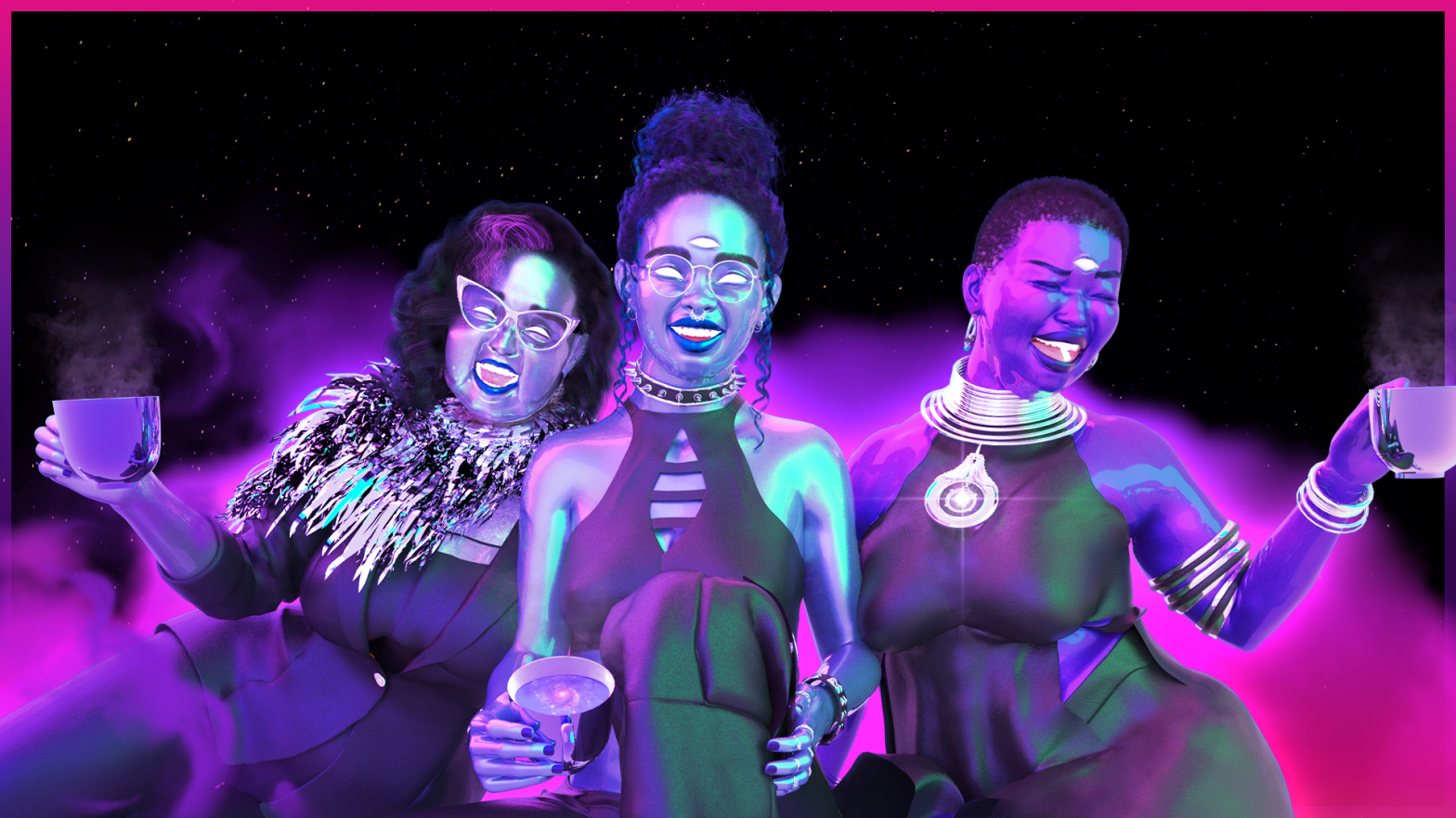 Purple-toned illustration of three women sitting. Girl in centre flanked by her two aunts. All three are goddesses of a supernatural realm