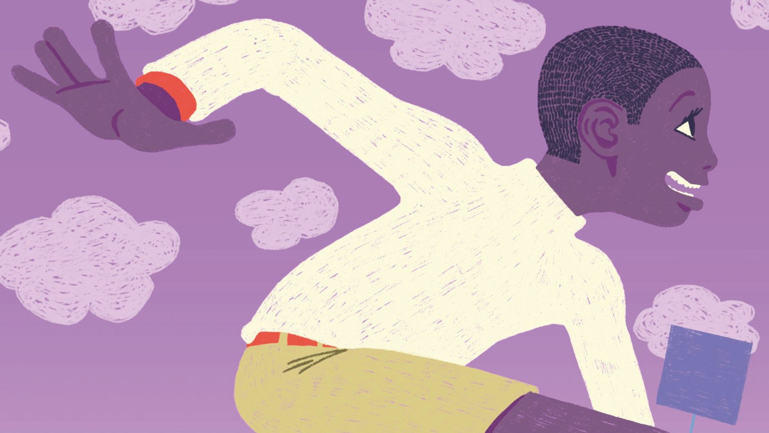 An illustration in shades of purple of a young black boy racing across a playground, en expression of excitement on his face, while silhouetted figures look on from the background